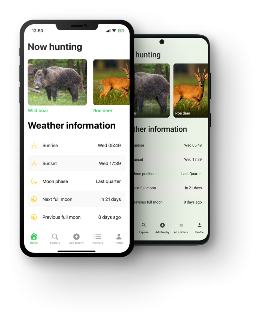 Hunting-village mobile application available on iOS and Android platforms.